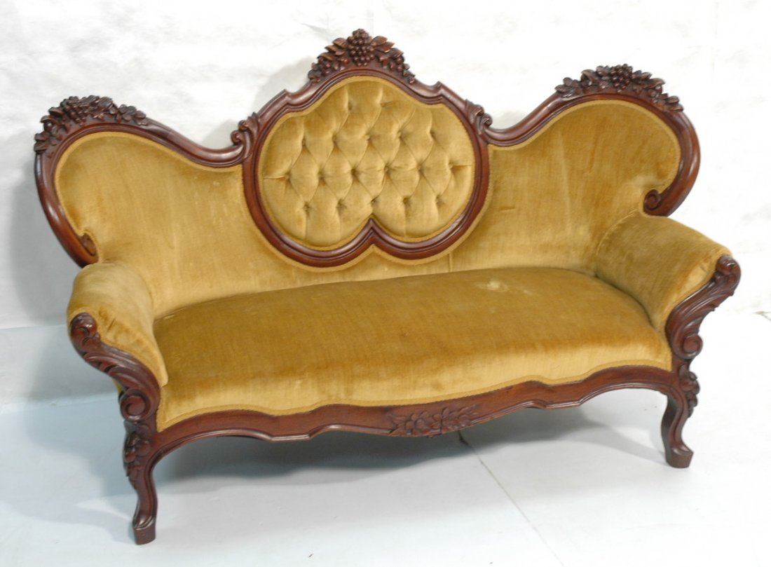 Victorian Carved Walnut Sofa Couch. Fruit Carvin: Victorian Carved Walnut Sofa Couch. Fruit Carving. Gold velvet.-- Dimensions: H: 39.5 inches: W: 55.5 inches: D: 29.5 inches ---