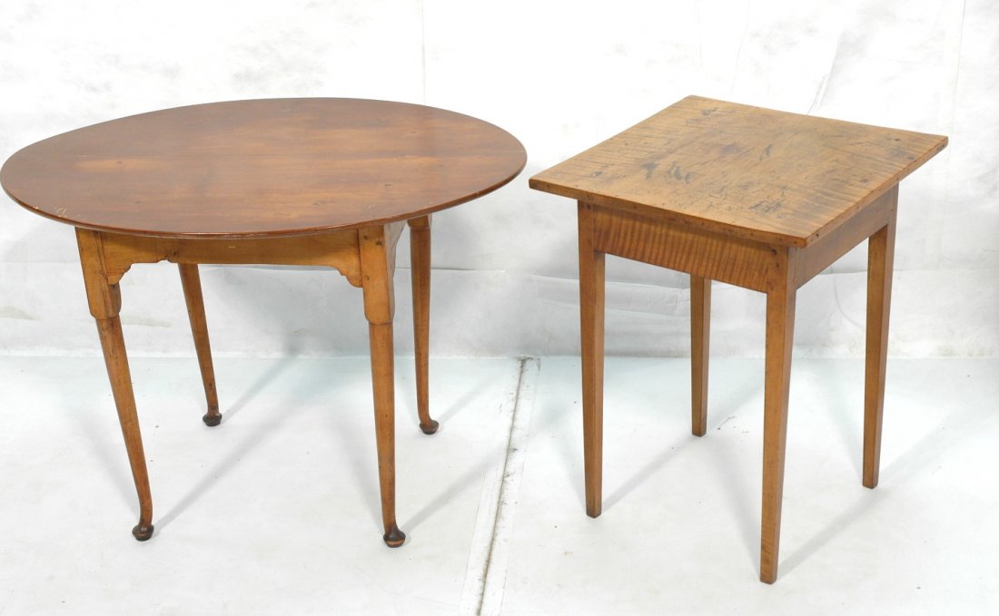 Oval Top Cherry Tea Table w/Bracket Base c.1780 + Other: Lot 2 Antique Side Tables including Oval top cherry Tea table on bracket base with pad feet circa 1780. One Craftsman Maple Square Table. Peg construction.-- Dimensions: H: 26.5 inches: W: 37 inches: