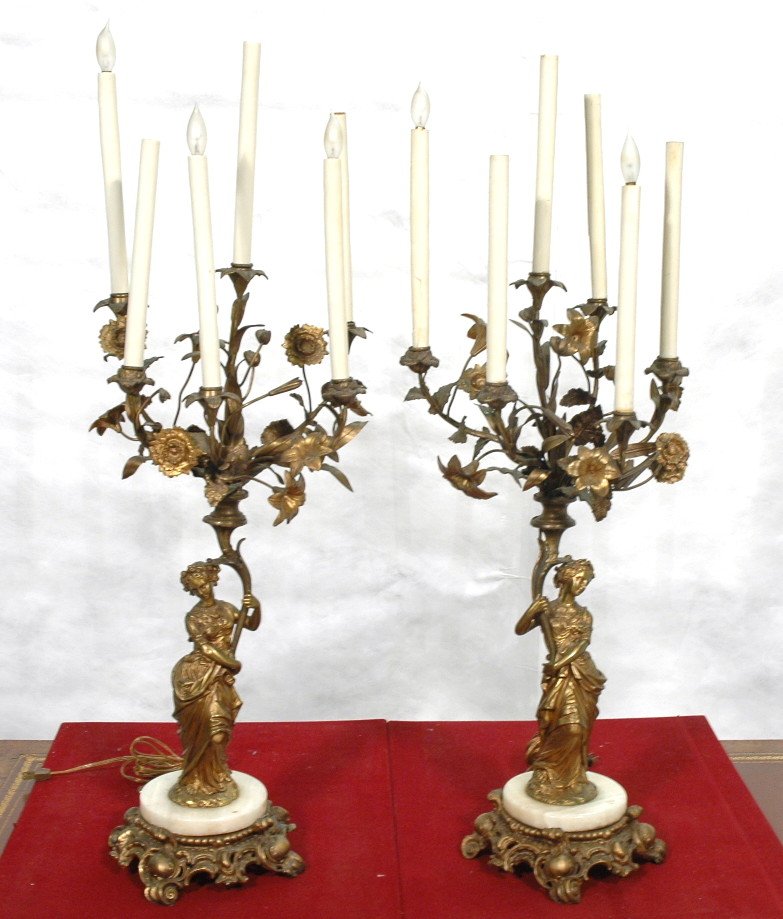 Bronze Figural Alabaster Candelabra Lamps. Alabas: Bronze Figural Alabaster Candelabra Lamps. Alabaster & gilt metal bases. Six floral candle arms. -- Dimensions: H: 28 inches: W: 12 inches: D: 9.5 inches ---