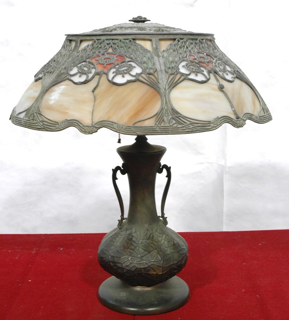 Antique Charles Parker Slag Glass Bronze Lamp