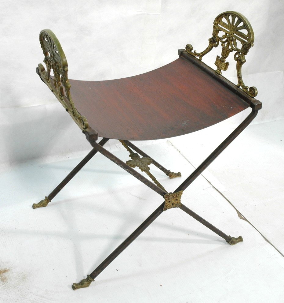 OSCAR BACH Heavy Brass & Iron Bench Seat. Fancy h: OSCAR BACH Heavy Brass & Iron Bench Seat. Fancy handles with women. Duck bill feet. Painted metal seat.-- Dimensions: H: 24.75 inches: W: 20.5 inches: D: 15.5 inches ---