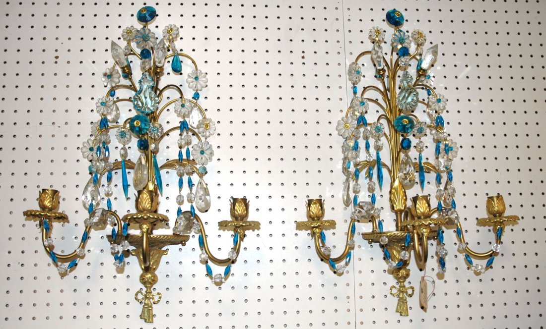 Pair Gilt and Crystal Wall Sconces with 3 Arms.: Pair Gilt and Crystal Wall Sconces with 3 Arms. Blue and clear. Fancy.-- Dimensions: H: 24.5 inches: W: 15.5 inches: D: 9 inches --- US Shipping charge: $50