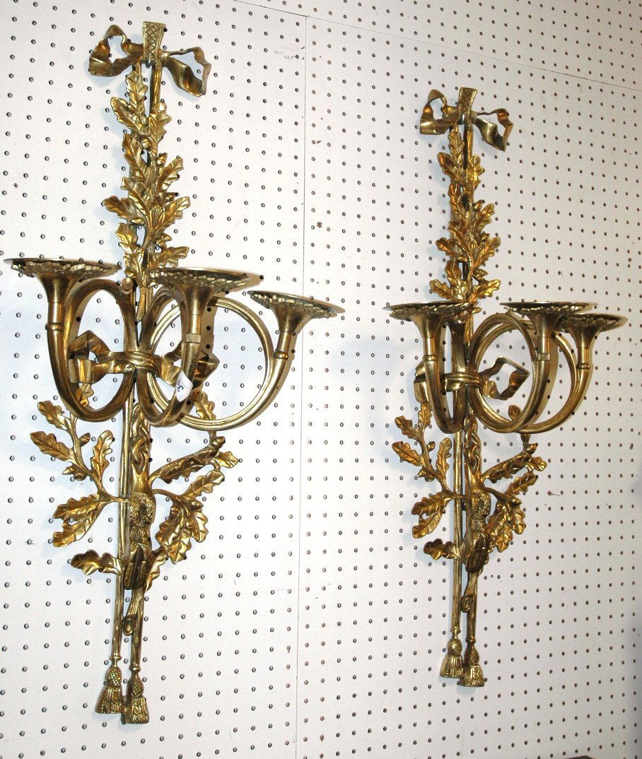Large Pair Brass Trumpet Form Wall Sconces. Drape: Large Pair Brass Trumpet Form Wall Sconces. Drape design. Heavy.-- Dimensions: H: 36 inches: W: 16 inches: D: 9.5 inches --- US Shipping charge: $50