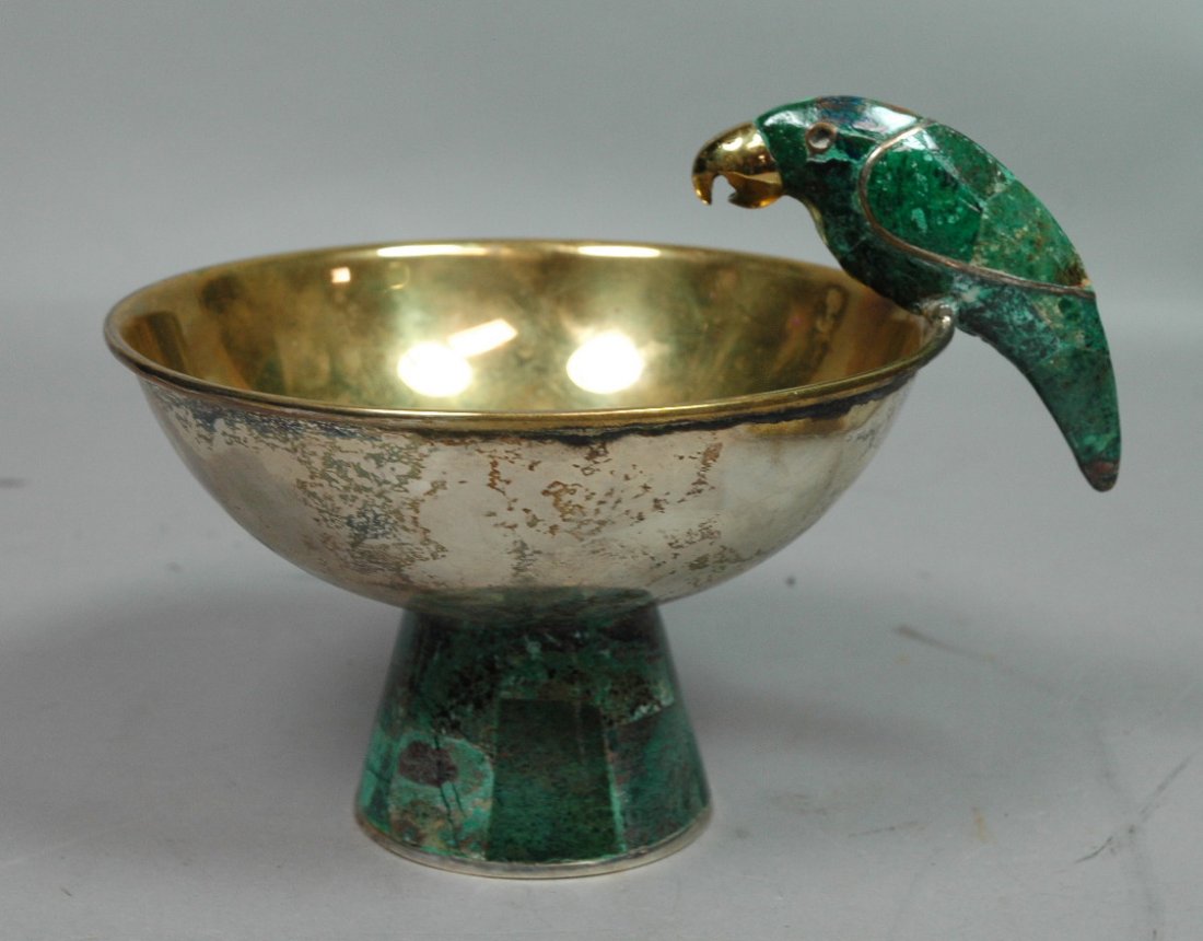 Los Castillo Taxco Bowl with Stone Bird.: Los Castillo Taxco Bowl with Stone Bird. -- Dimensions: H: 5.25 inches: W: 6.75 inches: D: 5.5 inches --- US Shipping charge: $14