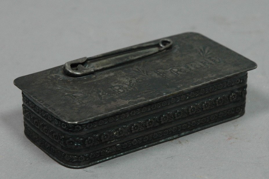 Sterling Pin Box Baby's Friend.: Sterling Pin Box Baby's Friend.-- Dimensions: H: .75 inches: W: 3.5 inches: D: 1.75 inches--- Weight: 2.46 Troy ozs. ---- --- US Shipping charge: $7