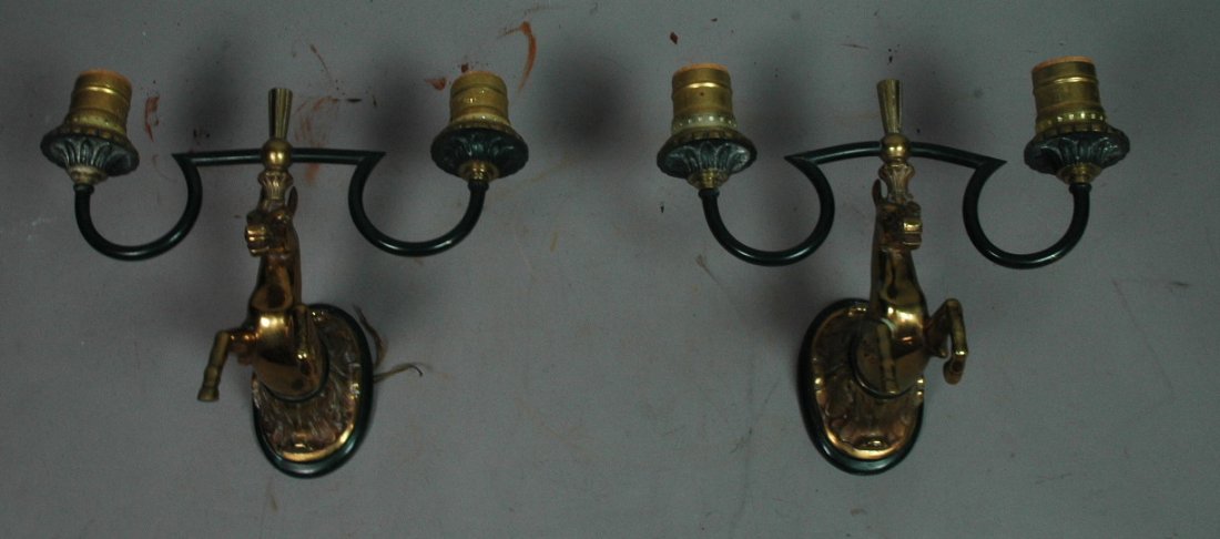 Pair Bronze Horse Form Wall Sconces. Unmarked.: Pair Bronze Horse Form Wall Sconces. Unmarked.-- Dimensions: H: 7.5 inches: W: 101 inches: D: 5.5 inches ---