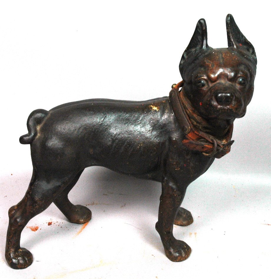 Vintage Cast Iron Bulldog Doorstop. Leather coll: Vintage Cast Iron Bulldog Doorstop. Leather collar.-- Dimensions: H: 10.5 inches: W: 9.5 inches --- US Shipping charge: $28