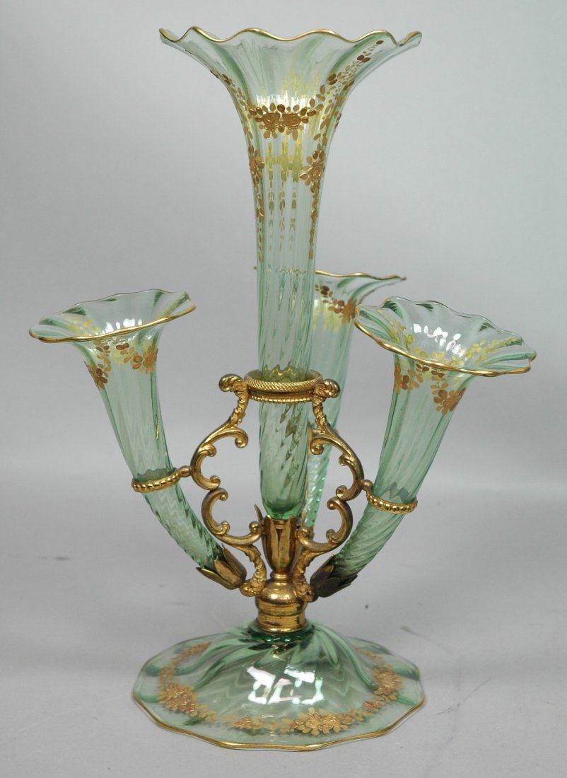 Delicate Victorian Epergne. Green twisted glass t: Delicate Victorian Epergne. Green twisted glass trumpets decorated with gilt flowers. Gilt metal mounts.-- Dimensions: H: 13.5 inches: W: 9.5 inches --- US Shipping charge: $28