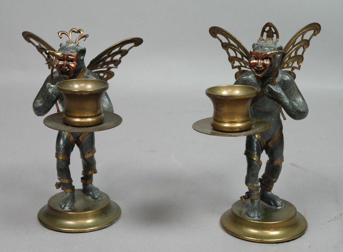Pair Figural Candle Holders. Winged Monkeys. Bras: Pair Figural Candle Holders. Winged Monkeys. Brass and pewter.-- Dimensions: H: 8 inches: W: 3.75 inches --- US Shipping charge: $28
