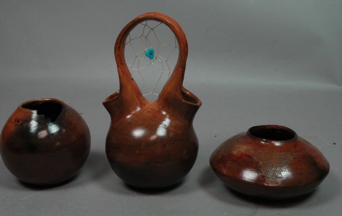 3 pcs Navajo Pottery. Robert Chee 97 Small Bowl.: 3 pcs Navajo Pottery. Robert Chee 97 Small Bowl. Robert 97 round vessel. Robert Chee 97 handled vessel with turquoise. All have carved decoration.-- Dimensions: --- US Shipping charge: $14
