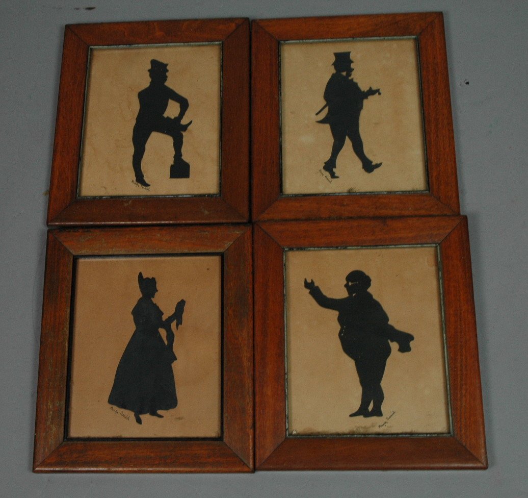 4 pcs Silhouette Hand Cut Outs by Nancy Parrish.: 4 pcs Silhouette Hand Cut Outs by Nancy Parrish. Dickens characters. -- Dimensions: H: 5.5 inches: W: 4.5 inches --- US Shipping charge: $28