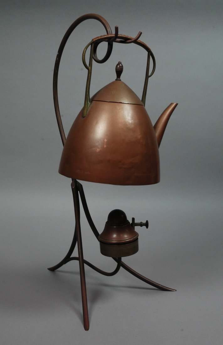 Secessionist Style Copper Tea Kettle with Stand.: Secessionist Style Copper Tea Kettle with Stand. Flowing Lines. Marked with double fish.-- Dimensions: H: 19 inches: W: 12 inches: D: 9 inches --- US Shipping charge: $28