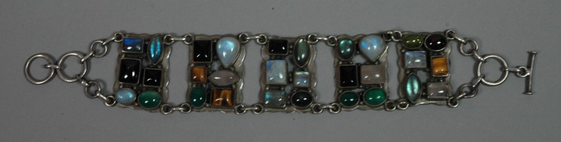 Sterling & Stone Artisan Bracelet. Bezel set ston: Sterling & Stone Artisan Bracelet. Bezel set stones: tiger eye, labradorite, malachite, garnet, rose quartz, etc. -- Dimensions: : L: 8 inches --- US Shipping charge: $7
