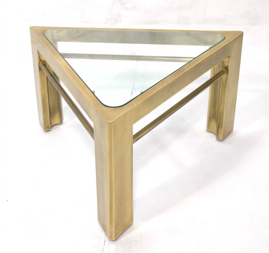 Mastercraft Triangle Side Table. Inset Glass. U: Mastercraft Triangle Side Table. Inset Glass. Unmarked. Heavy frame.-- Dimensions: H: 15.5 inches: W: 25 inches: D: 27.5 inches ---