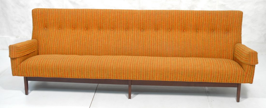 Jens Risom Long Sofa Couch. Angled back on walnu: Jens Risom Long Sofa Couch. Angled back on walnut frame. Unmarked.-- Dimensions: H: 32 inches: W: 97 inches: D: 30.5 inches ---