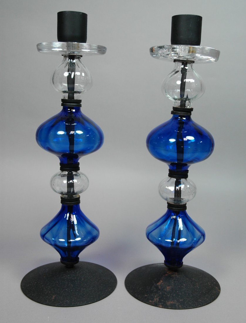 Pair Erik Hoglund Tall Candlesticks. Blue and c: Pair Erik Hoglund Tall Candlesticks. Blue and clear. Iron marked Boda.-- Dimensions: H: 15.75 inches: W: 5.5 inches --- US Shipping charge: $28