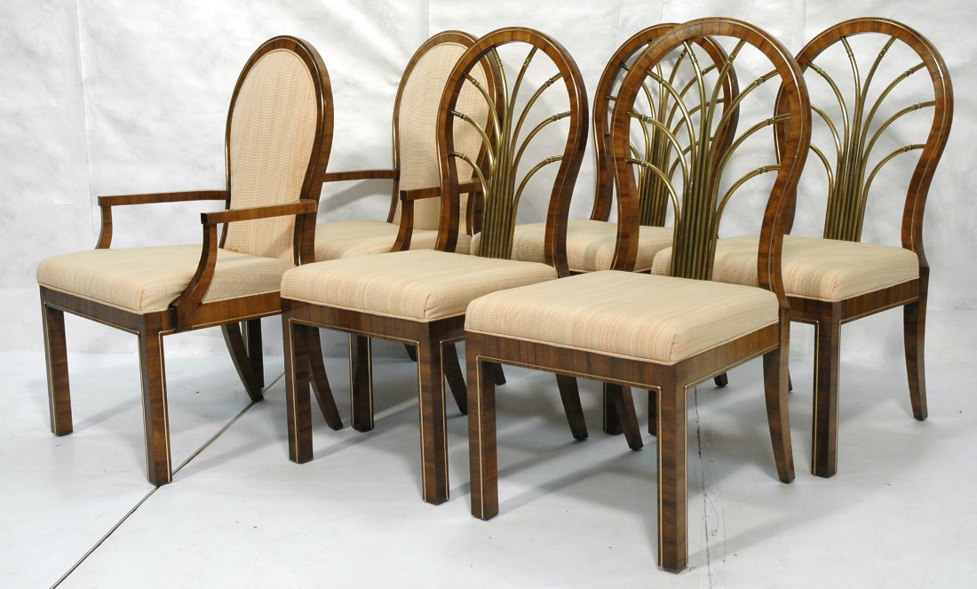 Set 6 Mastercraft Dining Chairs. Brass and Wood.: Set 6 Mastercraft Dining Chairs. Brass and Wood. 2 with arms. Brass trim.-- Dimensions: H: 39.5 inches: W: 19.5 inches: D: 24 inches ---