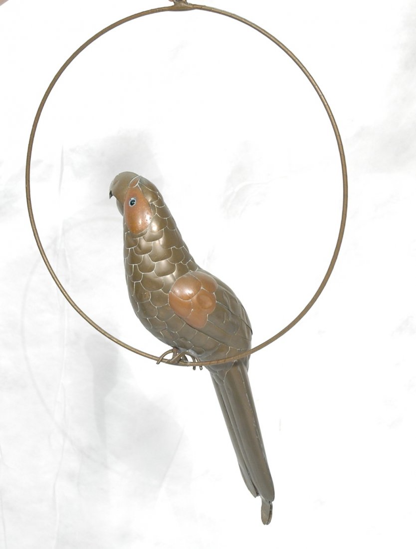 Sergio Bustamante Attributed Sculpture. Brass and: Sergio Bustamante Attributed Sculpture. Brass and Copper Parrot Sculpture. Hanging.-- Dimensions: H: 25 inches: W: 15 inches ---