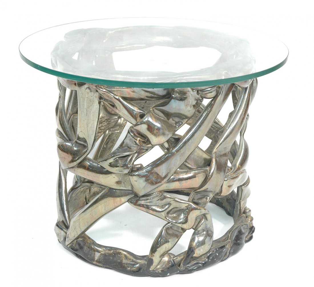 Tony Duquette Taffy Table. Silver gilt on black w: Tony Duquette Taffy Table. Silver gilt on black with round glass top.-- Dimensions: H: 19.75 inches: W: 26 inches ---