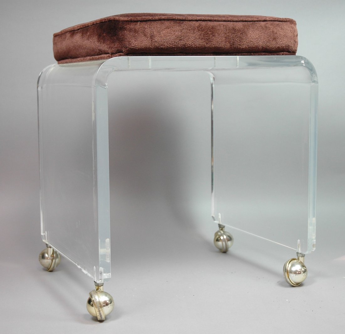 70's Modern Lucite Acrylic Bench Stool. 3/4 in t: 70's Modern Lucite Acrylic Bench Stool. 3/4 in thick. Brown cushion.-- Dimensions: H: 19.25 inches: W: 17.25 inches: D: 14.25 inches ---