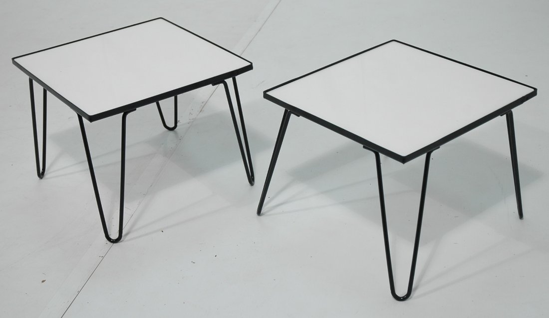 Pair small Vitrolite Iron Frame Tables. Hairpin: Pair small Vitrolite Iron Frame Tables. Hairpin Legs.-- Dimensions: H: 11 inches: W: 16 inches: D: 16 inches ---