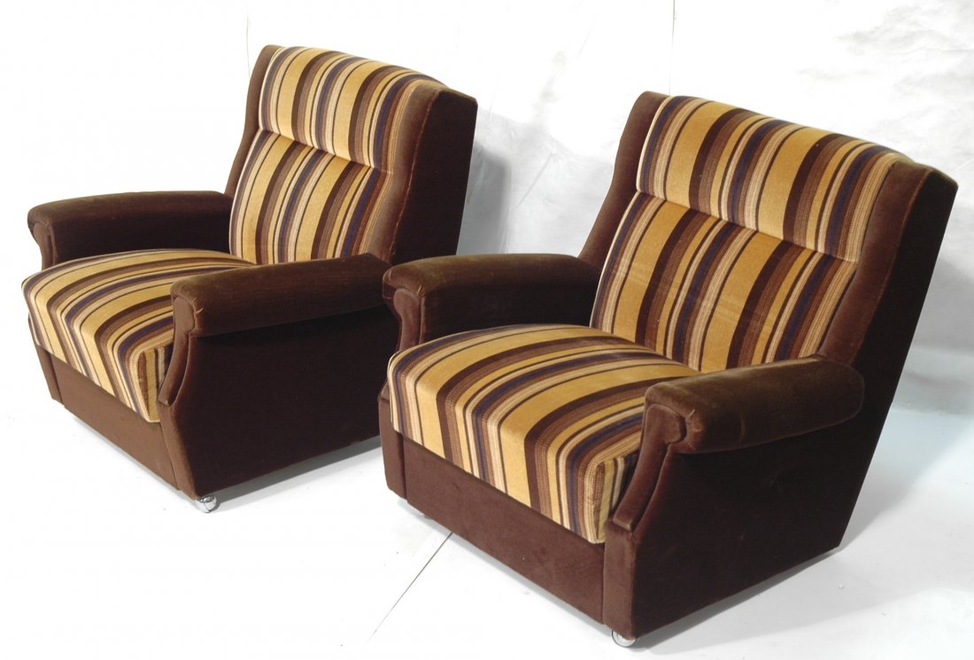 Pair Art Deco Lounge Club Chairs. Mohair. Striped: Pair Art Deco Lounge Club Chairs. Mohair. Striped upholstery.-- Dimensions: H: 30 inches: W: 33 inches: D: 33 inches ---