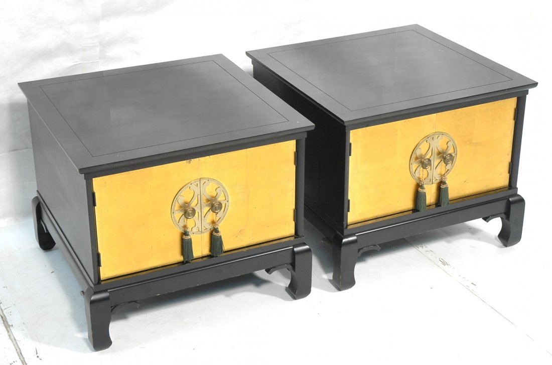 Pair Kittinger Style Asian Style Side Table Cabin: Pair Kittinger Style Asian Style Side Table Cabinets. Ebonized with gilt doors. Unmarked.-- Dimensions: H: 21 inches: W: 25 inches: D: 25 inches ---