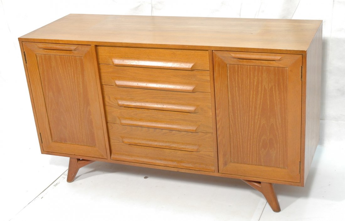 Jack VAN DER MOLEN Modern Credenza Sideboard Cabinet.: Jack VAN DER MOLEN American Modern Oak Credenza Sideboard Cabinet. Wood pulls angled legs.-- Dimensions: H: 34 inches: W: 58 inches: D: 20 inches ---