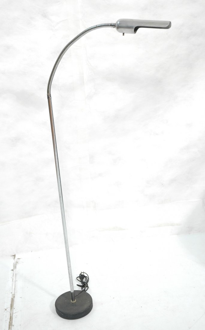 ROBERT SONNEMAN Chrome Floor Lamp. Goose Neck Col: ROBERT SONNEMAN Chrome Floor Lamp. Goose Neck Column on Black Base. Aluminum Shade. Marked; remnants of label. -- Dimensions: H: 54 inches ---