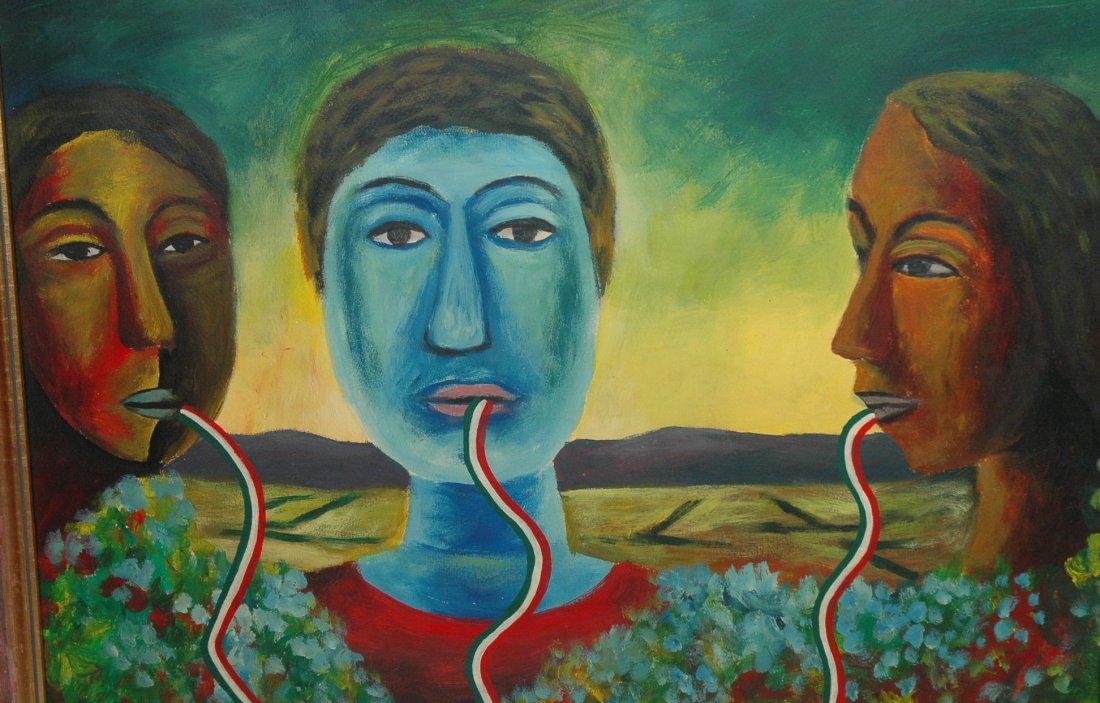 Rodolfo Morales Oil Painting Paper on Masonite. 3: Rodolfo Morales Oil Painting Paper on Masonite. 3 Faces. Signed.-- Dimensions: Image Size: H: 18.25 inches: W: 25.25 inches ---