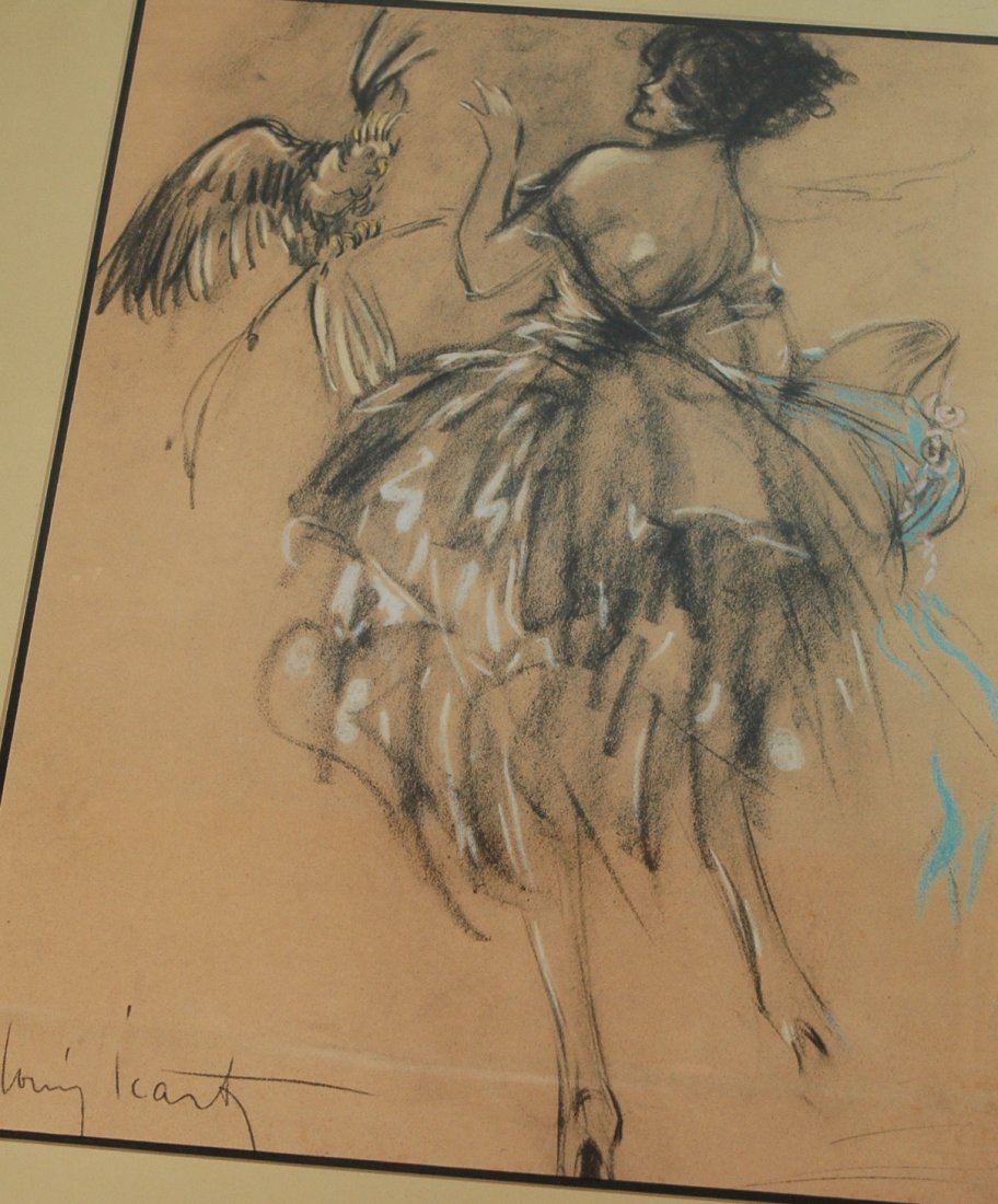 Louis Icart Charcoal Drawing. Woman with bird. Si: Louis Icart Charcoal Drawing. Woman with bird. Signed.-- Dimensions: Image Size: H: 17 inches: W: 13 inches ---