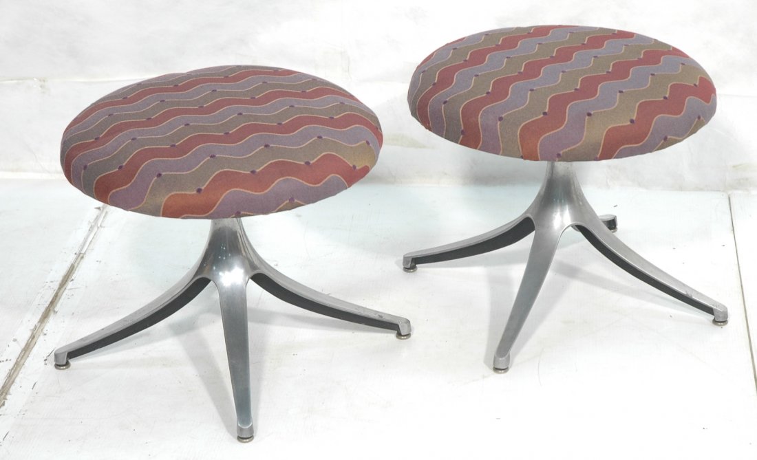 Pr Upholstered Swivel Stools. Four leg pedestal b: Pr Upholstered Swivel Stools. Four leg pedestal base.-- Dimensions: H: 17.5 inches: W: 22.5 inches: D: 22.5 inches ---