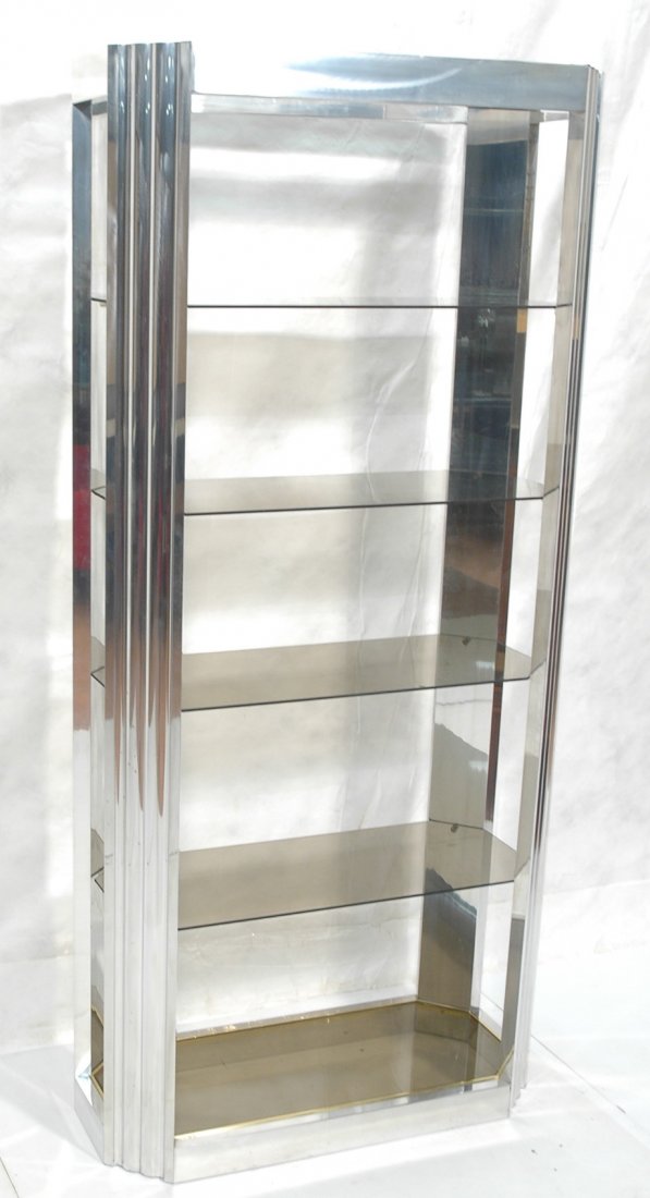 Leon Rosen Pace Style Chrome and Glass Etagere Shelf.: Chrome and Smoked Glass Etagere Shelf. Ribbed corners. Finished front and back.-- Dimensions: H: 78 inches: W: 36 inches: D: 16 inches ---