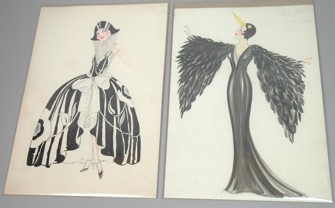 2 pcs Fashion Drawing Watercolors. Old crow from: 2 pcs Fashion Drawing Watercolors. Old crow from drink parade and Venetian.-- Dimensions: H: 14.5 inches: W: 9.75 inches --- US Shipping charge: $14