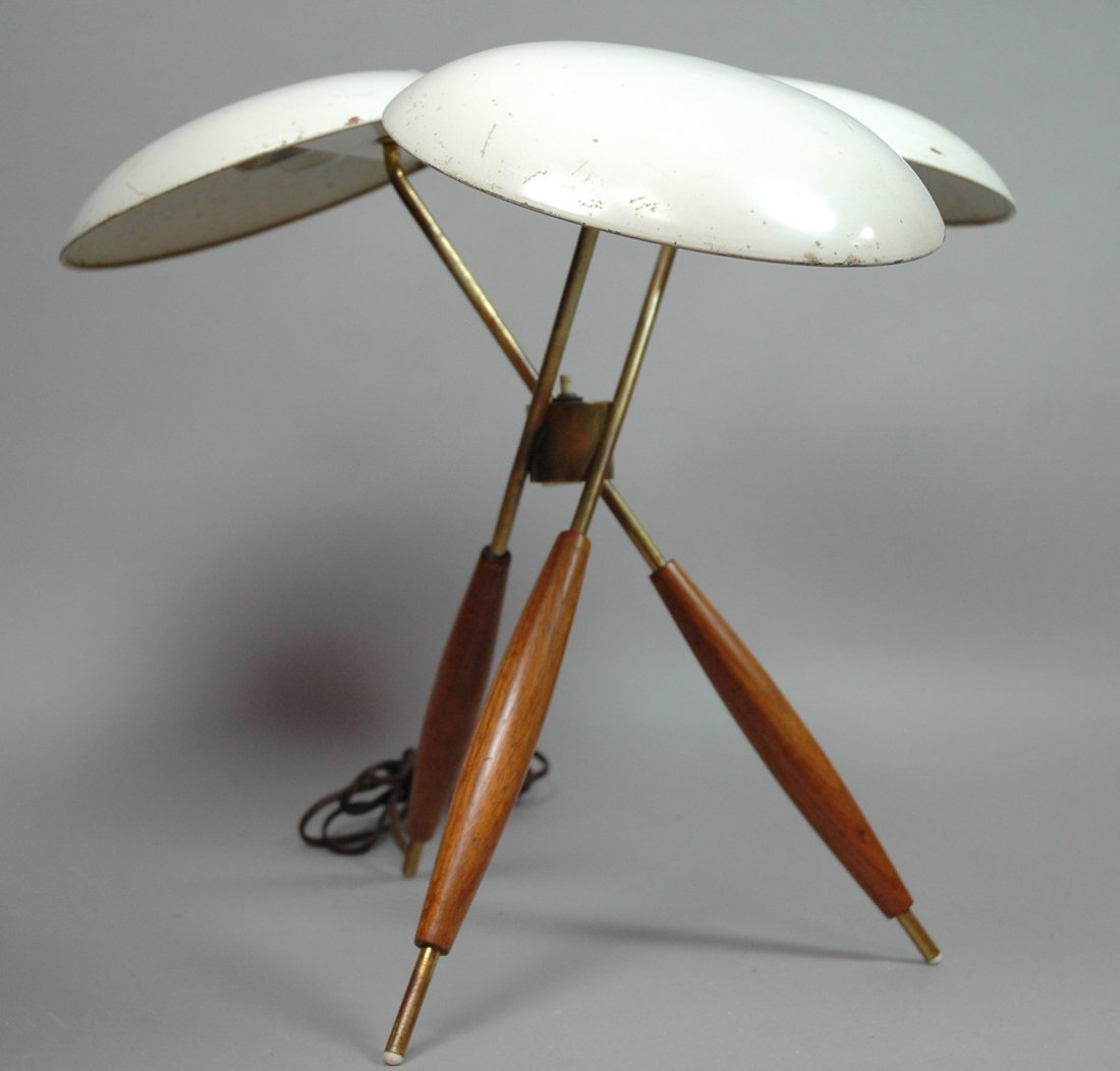 Gerald Thurston Table Lamp. Saucer shades on trip: Gerald Thurston Table Lamp. Saucer shades on tripod base.-- Dimensions: H: 15 inches: W: 17 inches ---