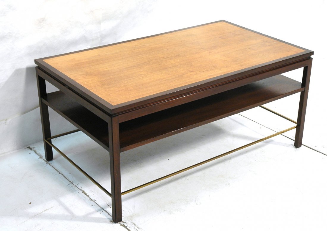 Large Oversized DUNBAR Coffee Table. Light Wood T: Large Oversized DUNBAR Coffee Table. Light Wood Top with Dark Band and Frame. Thin Brass Stretcher. Lower tier. Metal tag. -- Dimensions: H: 22.5 inches: W: 48 inches: D: 28 inches ---