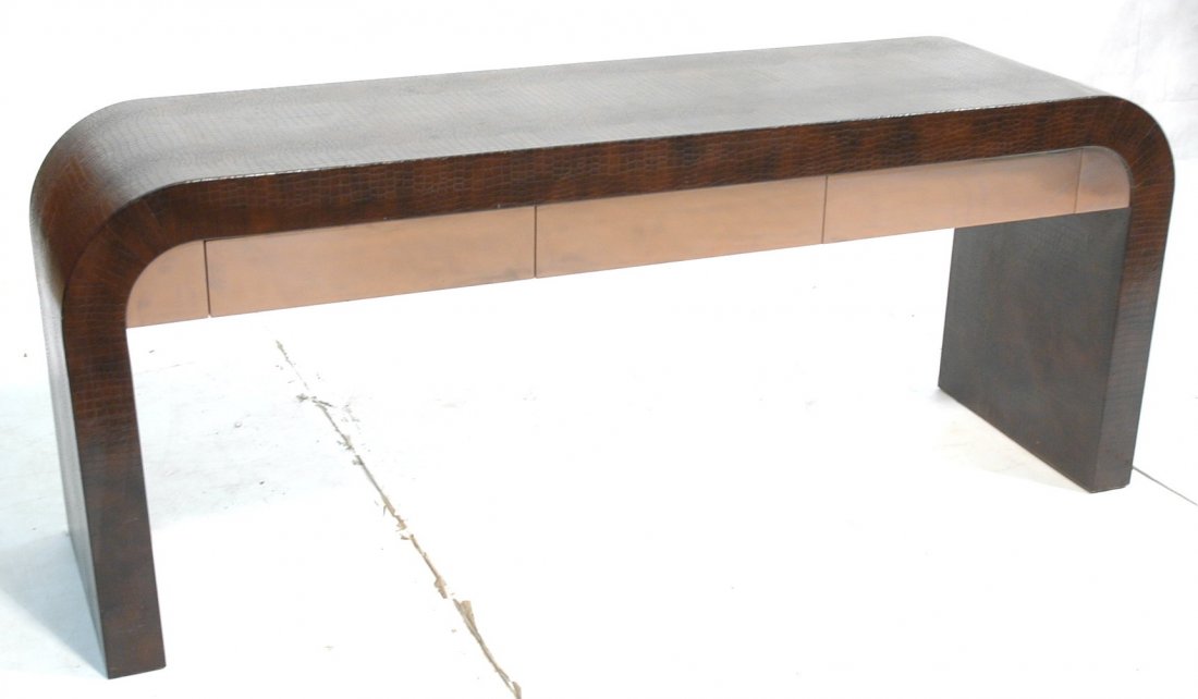 Springer style Console Hall Table. Brown Faux Cro: Springer style Console Hall Table. Brown Faux Crocodile with Chrome Front Drawers.-- Dimensions: H: 26.5 inches: W: 66 inches: D: 18 inches ---