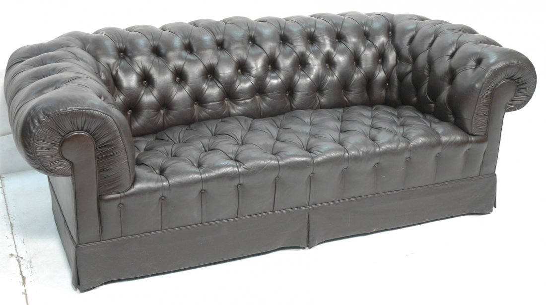 Black Oversized Leather Chesterfield Sofa Couch.: Black Oversized Leather Chesterfield Sofa Couch. Deep rolled arms. Leather skirt.-- Dimensions: H: 30 inches: W: 89 inches: D: 42 inches ---