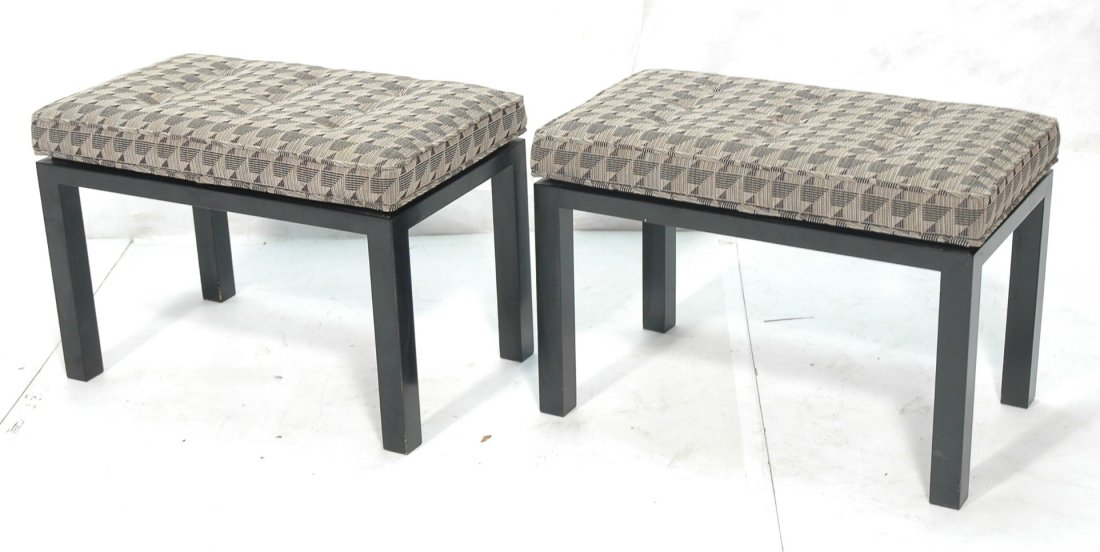 Pr Ebonized Dark Wood Benches Stools. Nice Geomet: Pr Ebonized Dark Wood Benches Stools. Nice Geometric Fabric Upholstery. -- Dimensions: H: 18.5 inches: W: 28 inches: D: 16 inches ---