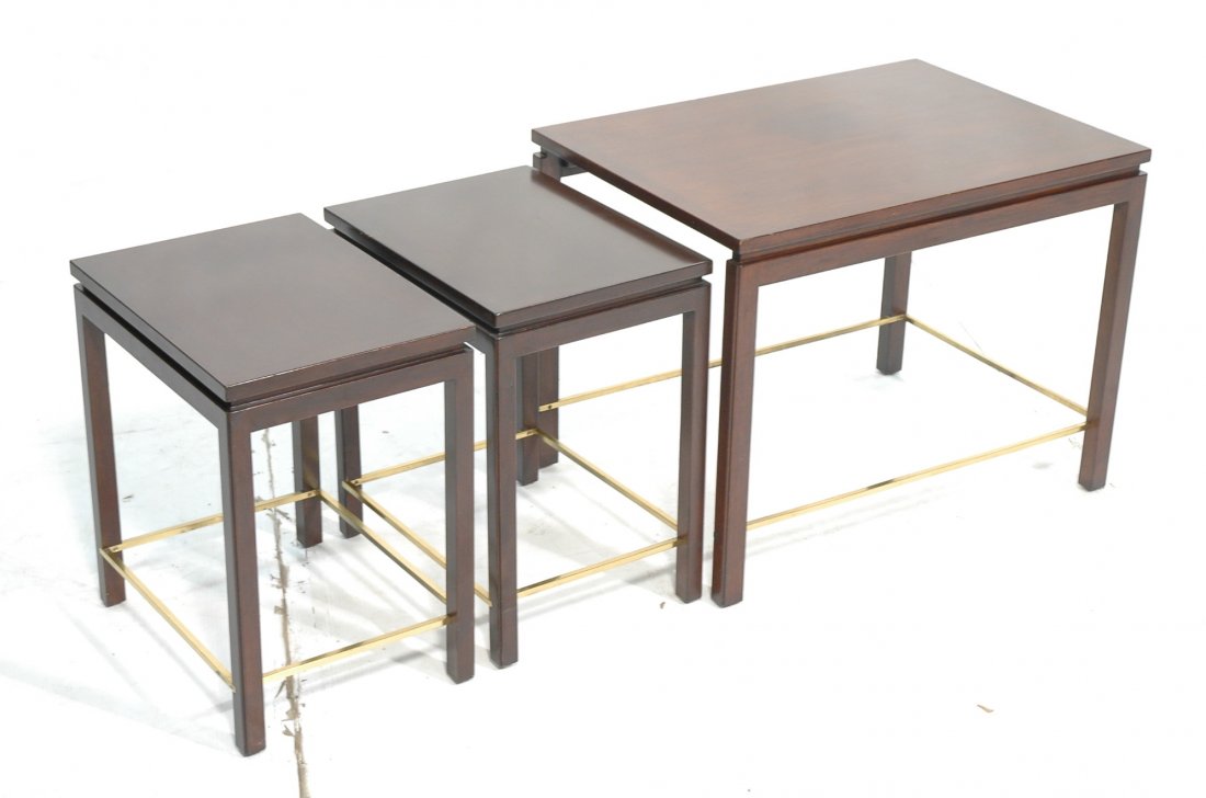 Set DUNBAR Nesting Tables. Larger Table holds two: Set DUNBAR Nesting Tables. Larger Table holds two smaller tables. Thin brass rod stretcher. Metal "D" tag.-- Dimensions: H: 21.5 inches: W: 20 inches: D: 28 inches ---