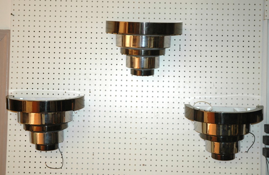 Three Chrome Art Deco SPRINGER style Wall Sconces: Three Chrome Art Deco SPRINGER style Wall Sconces. Two tone. Heavy construction. -- Dimensions: H: 10.25 inches: W: 14.5 inches: D: 8 inches ---