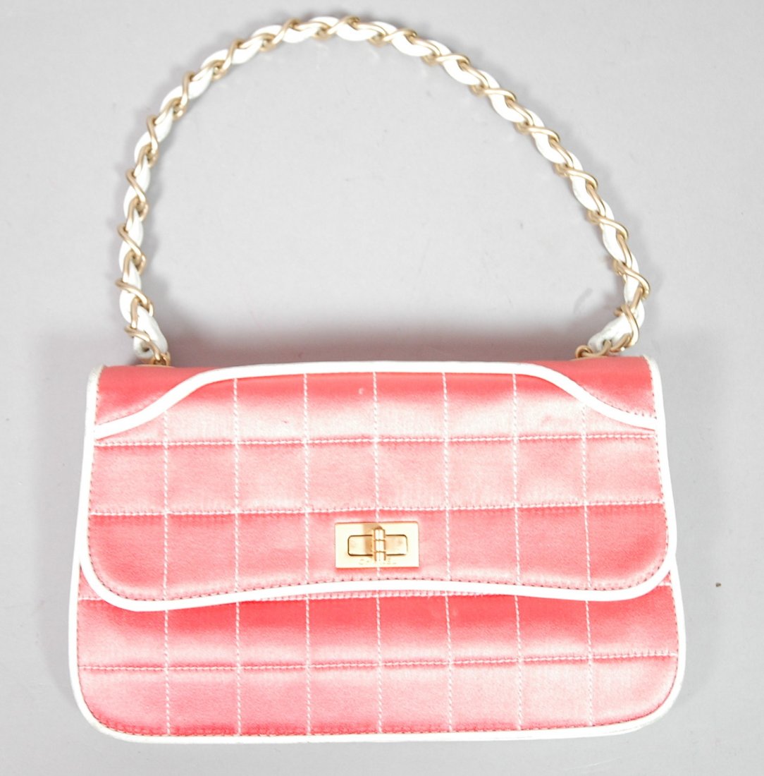 2pc Vintage CHANEL Handbag Purse. Quilted Peach S: 2pc Vintage CHANEL Handbag Purse. Quilted Peach Satin. White Leather Trim with Gold Chain Strap. Authenticity Card #6736140. Has felt bag. PRADA Cream Color Leather Wallet, used.-- Dimensions: H: 5.5