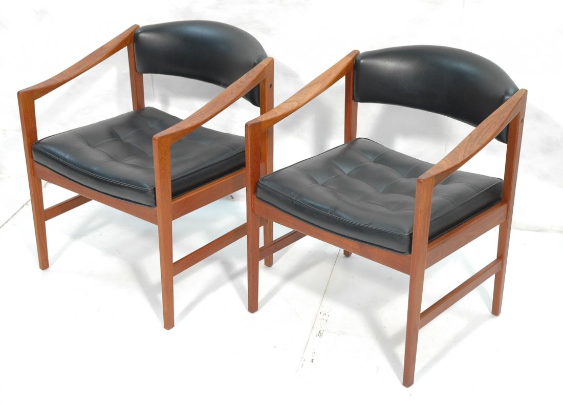 Pair Folke Ohlsson Dux Arm Chairs. Danish Modern: Pair Folke Ohlsson Dux Arm Chairs. Danish Modern Teak. Dunbar style. Slope arms, angled frame. Branded. Matches preceding lot.-- Dimensions: H: 30 inches: W: 25 inches: D: 25 inches ---