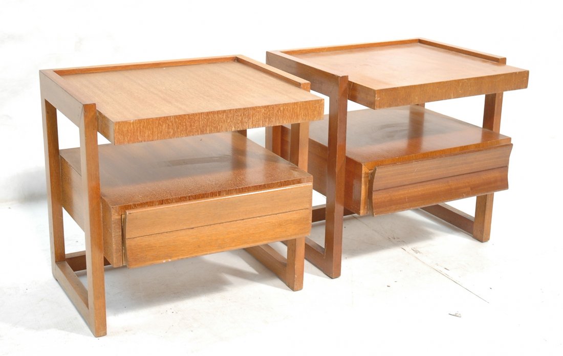 Pair Paul Laszlo Side End Tables for Brown Saltma: Pair Paul Laszlo Side End Tables for Brown Saltman. Labeled. One drawer. -- Dimensions: H: 22 inches: W: 22 inches: D: 19.25 inches ---
