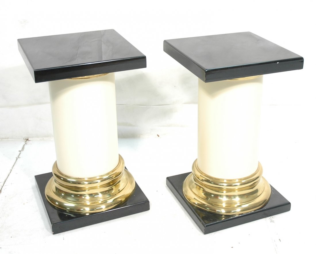Pair Mastercraft style Pedestal Tables. Lacquer: Pair Mastercraft style Pedestal Tables. Lacquer and Brass. Unmarked. Black and white.-- Dimensions: H: 28.75 inches: W: 17 inches: D: 17 inches ---