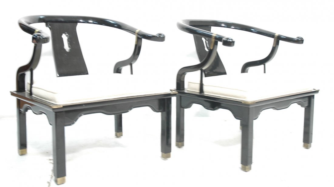Pair Asian Inspired Lounge Chairs. Black Lacquer: Pair Asian Inspired Lounge Chairs. Black Lacquer with Knoll Fabric. James Mont style. -- Dimensions: H: 30 inches: W: 29.25 inches: D: 28 inches ---