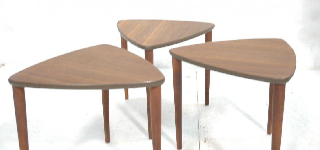 Trio Three Sided Tripod Nesting Stacking Tables.: Trio Three Sided Tripod Nesting Stacking Tables. American Modern Walnut. -- Dimensions: H: 17 inches: W: 18 inches: D: 17 inches ---