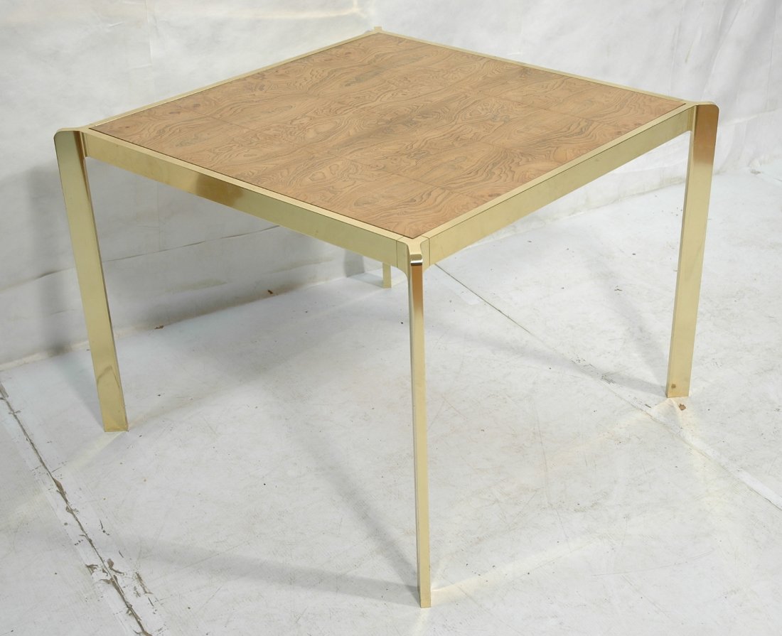 Henredon style Olive Wood Square Cafe Table. Bowm: Henredon style Olive Wood Square Cafe Table. Bowman style brass finish frame with inset wood top. -- Dimensions: H: 28 inches: W: 38 inches: D: 38 inches ---