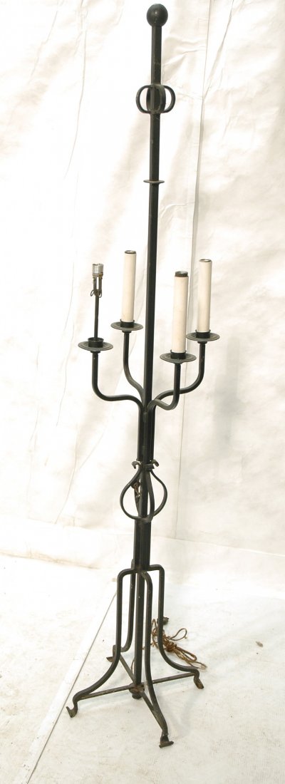 Parzinger Style Black Iron Tall Candle Stand Lamp.: Decorator Black Iron Tall Candle Stand. Tommi Parzinger style. Four candle sticks. -- Dimensions: H: 73.5 inches: W: 15 inches ---