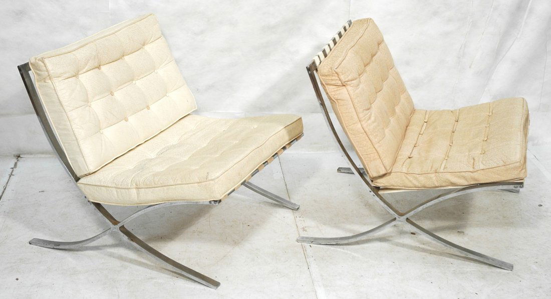 Pair Selig Barcelona Style Lounge Chairs. White.: Pair Selig Barcelona Style Lounge Chairs. White. Unmarked.-- Dimensions: H: 28.5 inches: W: 29.5 inches: D: 27.5 inches ---